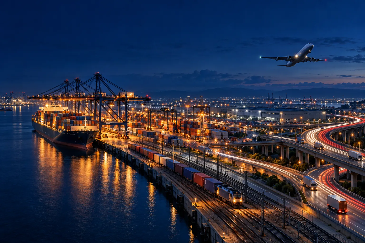 Logistics hub at night with a container ship at the quay, a freight train, trucks on a highway and a cargo plane taking off