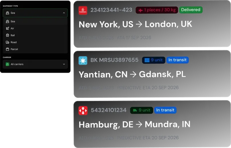 Qubictron Global Tracking: air, sea and road shipments with live status in one list