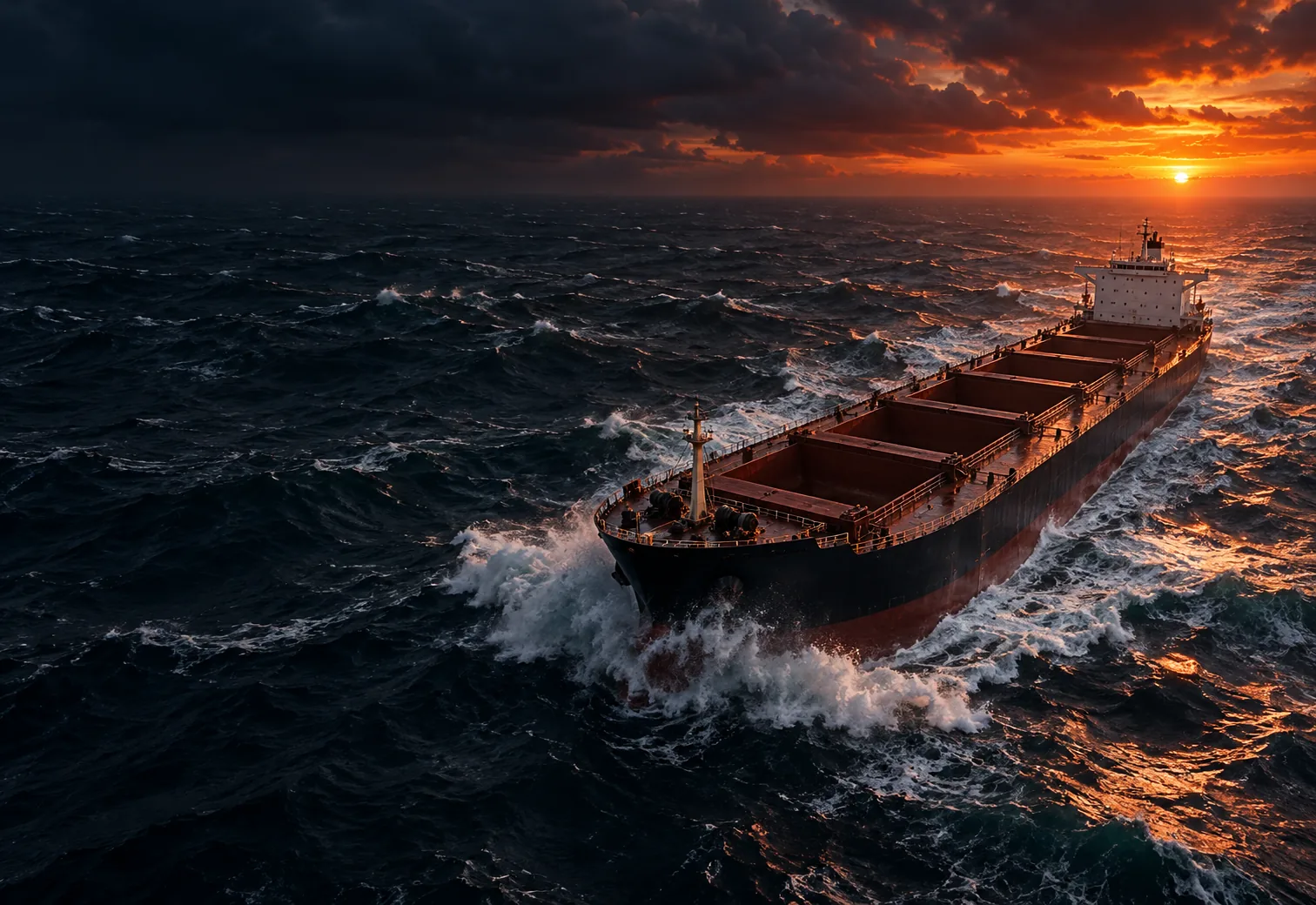Bulk carrier with open holds sailing through rough sea at sunset