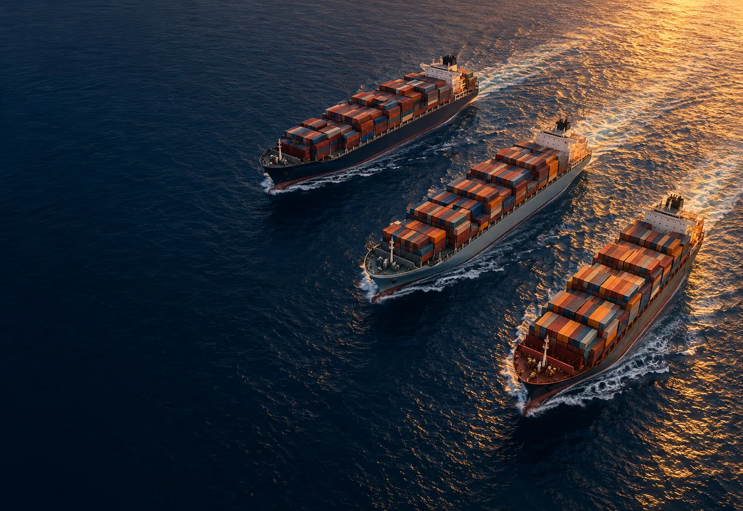 Three container ships of different shipping lines sailing on one trade lane at dusk