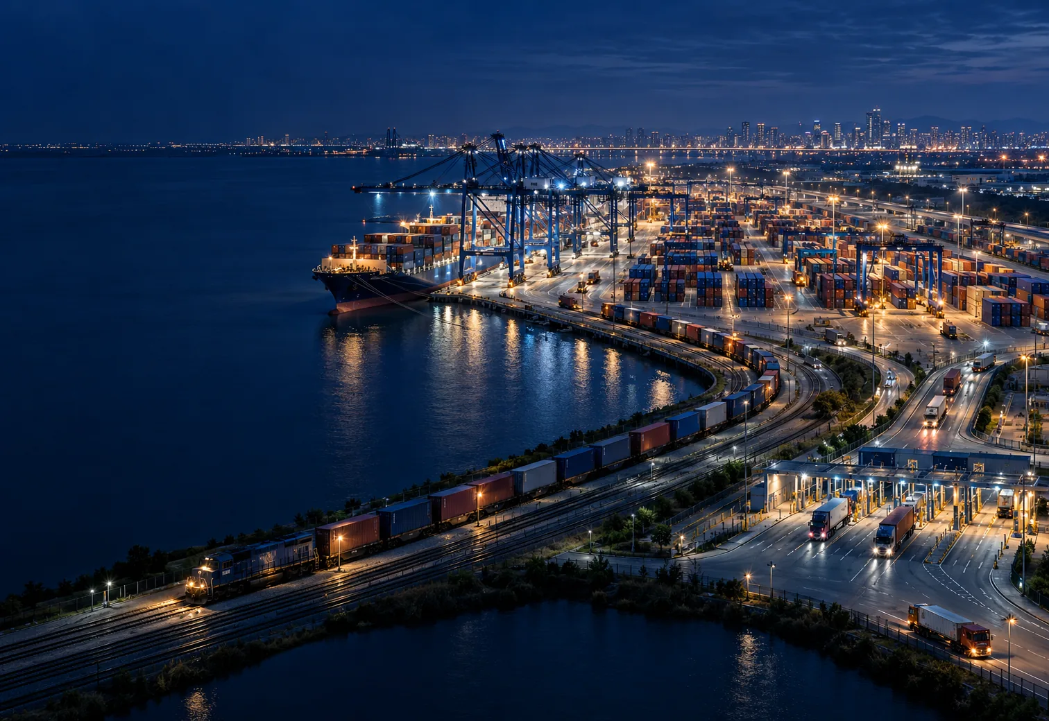 Intermodal container terminal at night with a ship at the quay, a container train and trucks at the gate